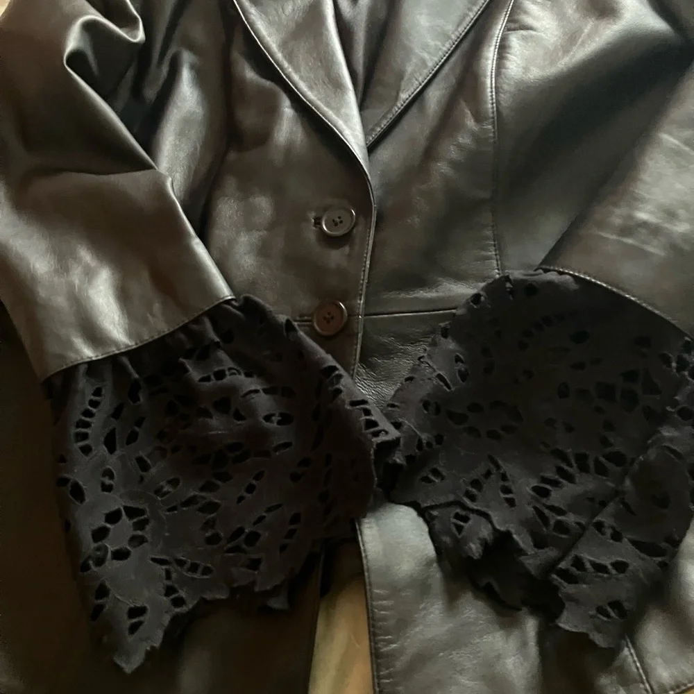 Black Leather Jacket with Lace Cuffs - Picture 6 of 8